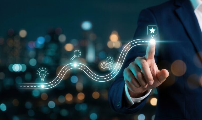 Business professional interacting with a digital product roadmap, illustrating strategic software roadmap planning, feature prioritisation, and customer-driven product development.