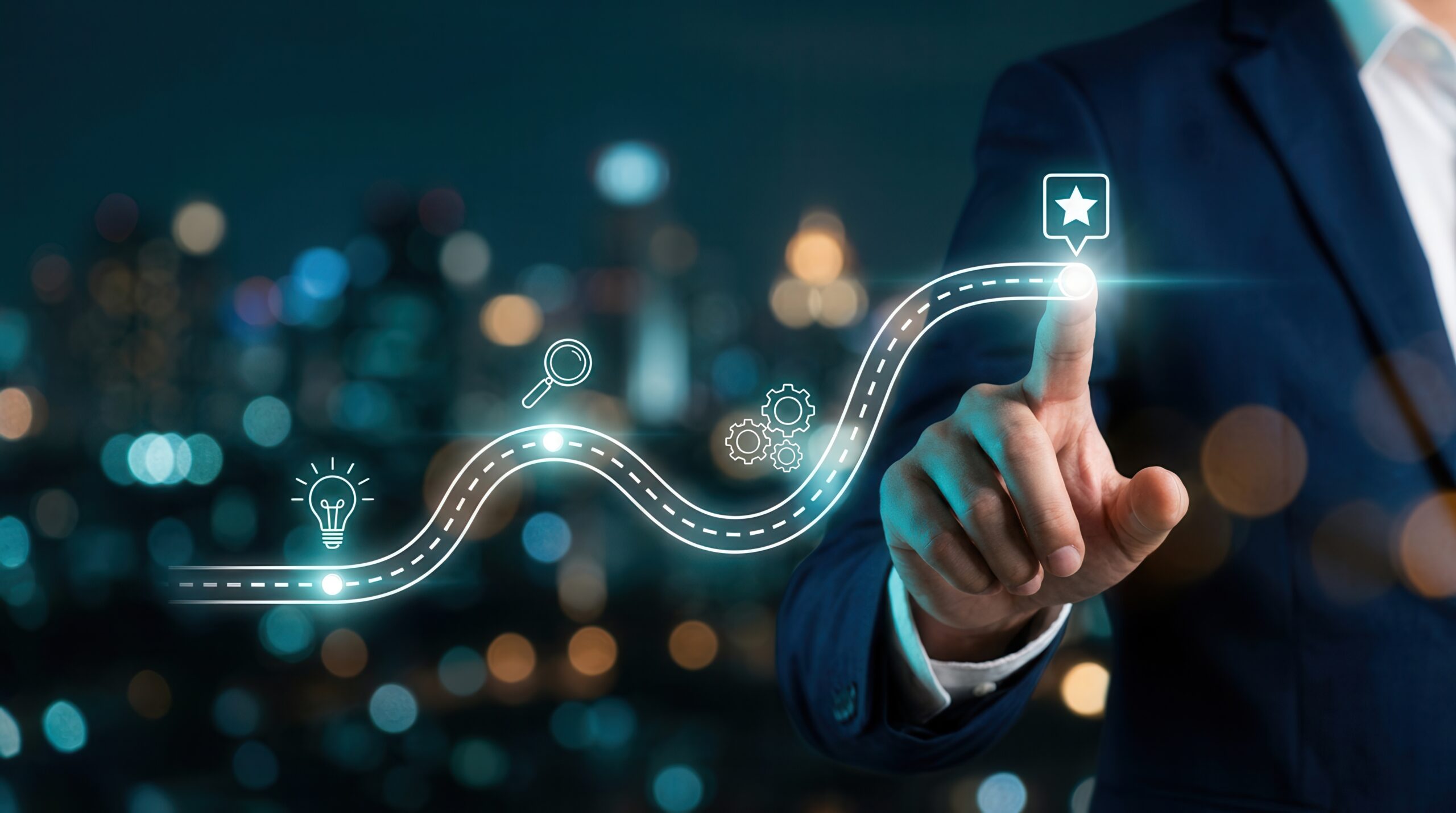 Business professional interacting with a digital product roadmap, illustrating strategic software roadmap planning, feature prioritisation, and customer-driven product development.