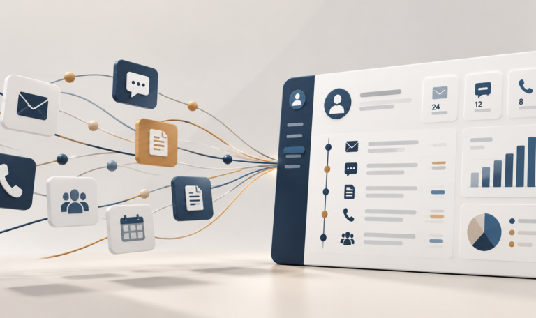 3D illustration of emails, messages, phone calls, documents and calendar icons connecting to a unified CRM dashboard, using a muted palette of navy blue, warm off-white, slate grey and soft gold to represent organized client communications, service tracking and reporting.