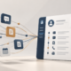3D illustration of emails, messages, phone calls, documents and calendar icons connecting to a unified CRM dashboard, using a muted palette of navy blue, warm off-white, slate grey and soft gold to represent organized client communications, service tracking and reporting.