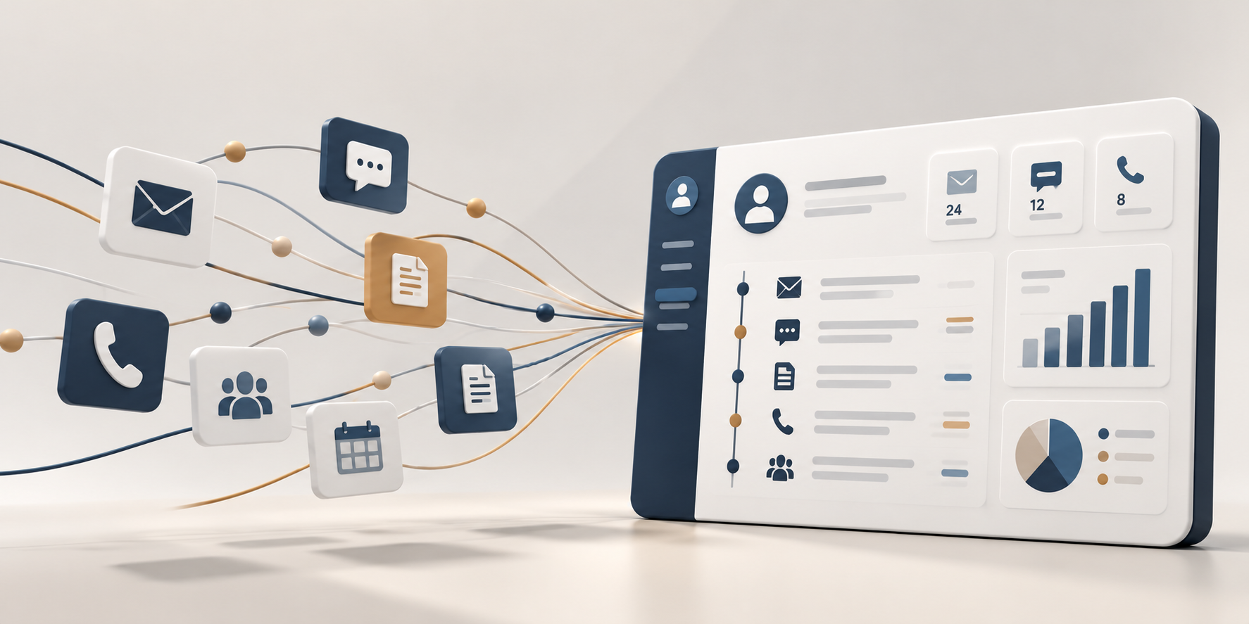 3D illustration of emails, messages, phone calls, documents and calendar icons connecting to a unified CRM dashboard, using a muted palette of navy blue, warm off-white, slate grey and soft gold to represent organized client communications, service tracking and reporting.